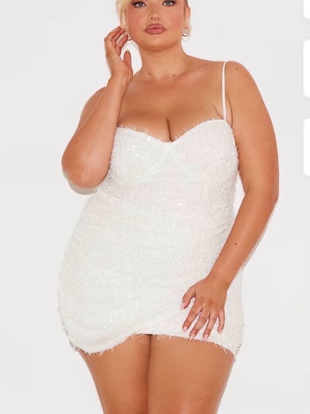 BNWT Pretty Little Thing Plus Off White Sequin Feather Drape Mini Dress. Size 20